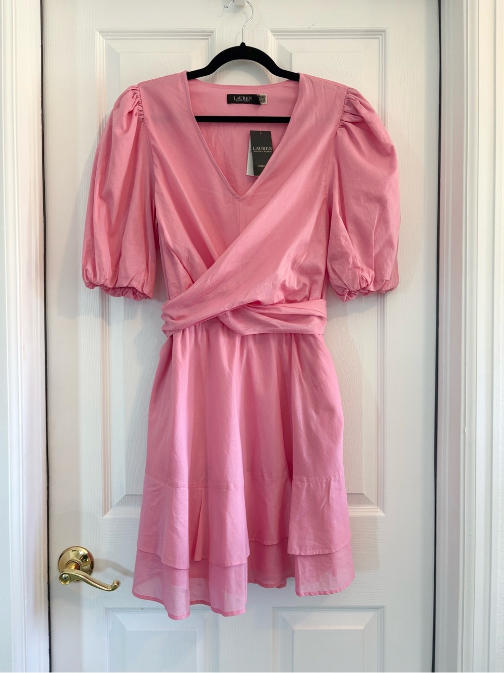 NWT LAUREN RALPH LAUREN MINI DRESS 8 PINK TIE WAIST RUFFLE HEM PUFF SLEEVE v